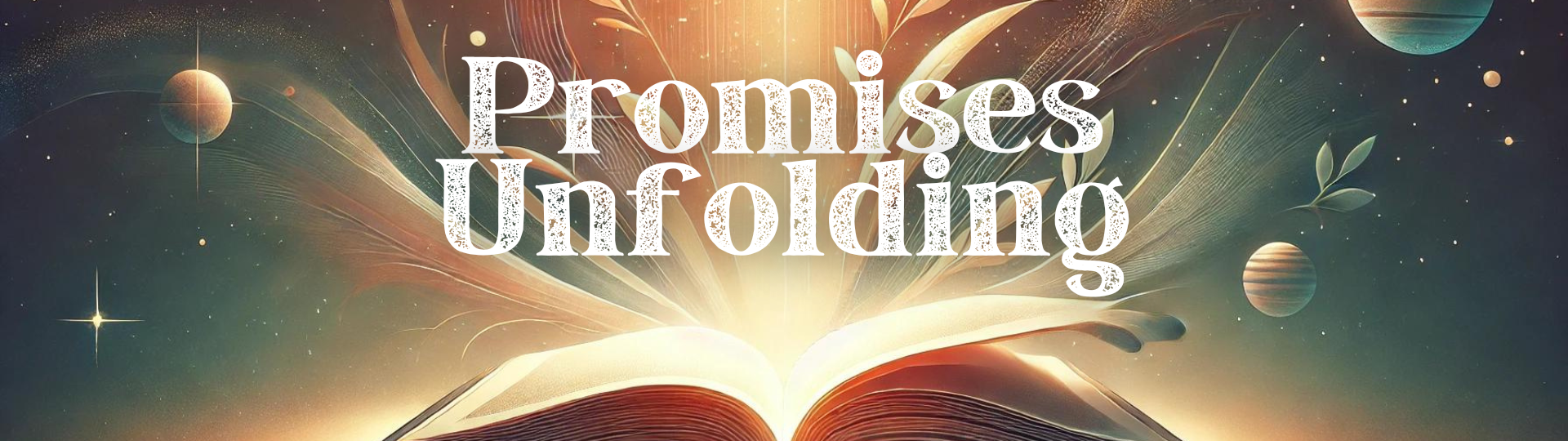 A serene image of a book with its pages gently turning, illuminated by soft, warm light. The background subtly blends nature and space, with stars twinkling in the distance, symbolizing the unfolding of promises and new beginnings. The design evokes a sense of calm, trust, and divine guidance, perfectly representing the theme of "Promises Unfolding" in a church series.