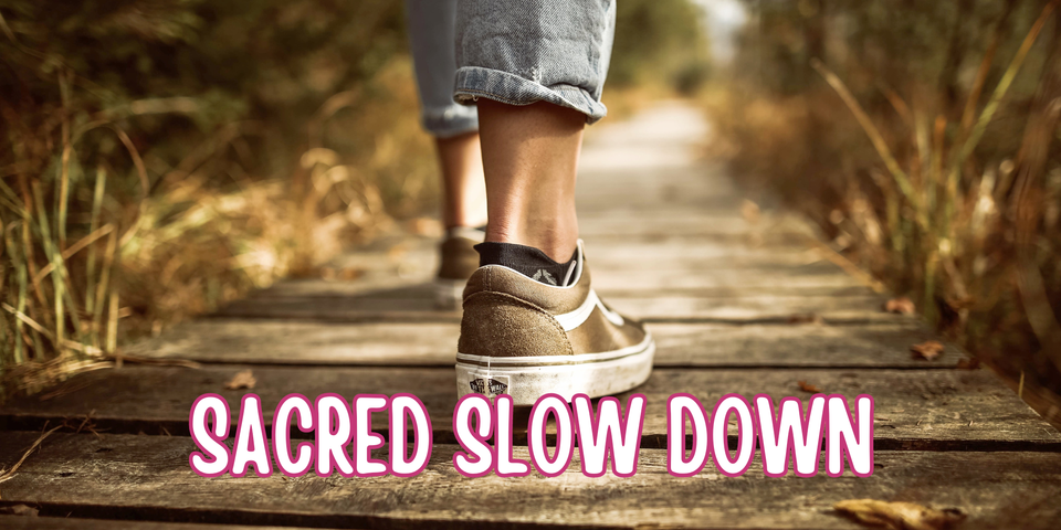 Two legs in tan suede Vans walking on a wooden path, flanked by grassy reeds. The path fades into the distance.